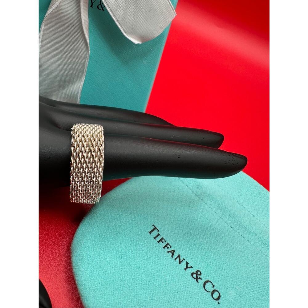 Tiffany & Co Somerset Sterling Silver Mesh Weave Ring Box, Bow And Card Sz 8 3/4 - Picture 3 of 8